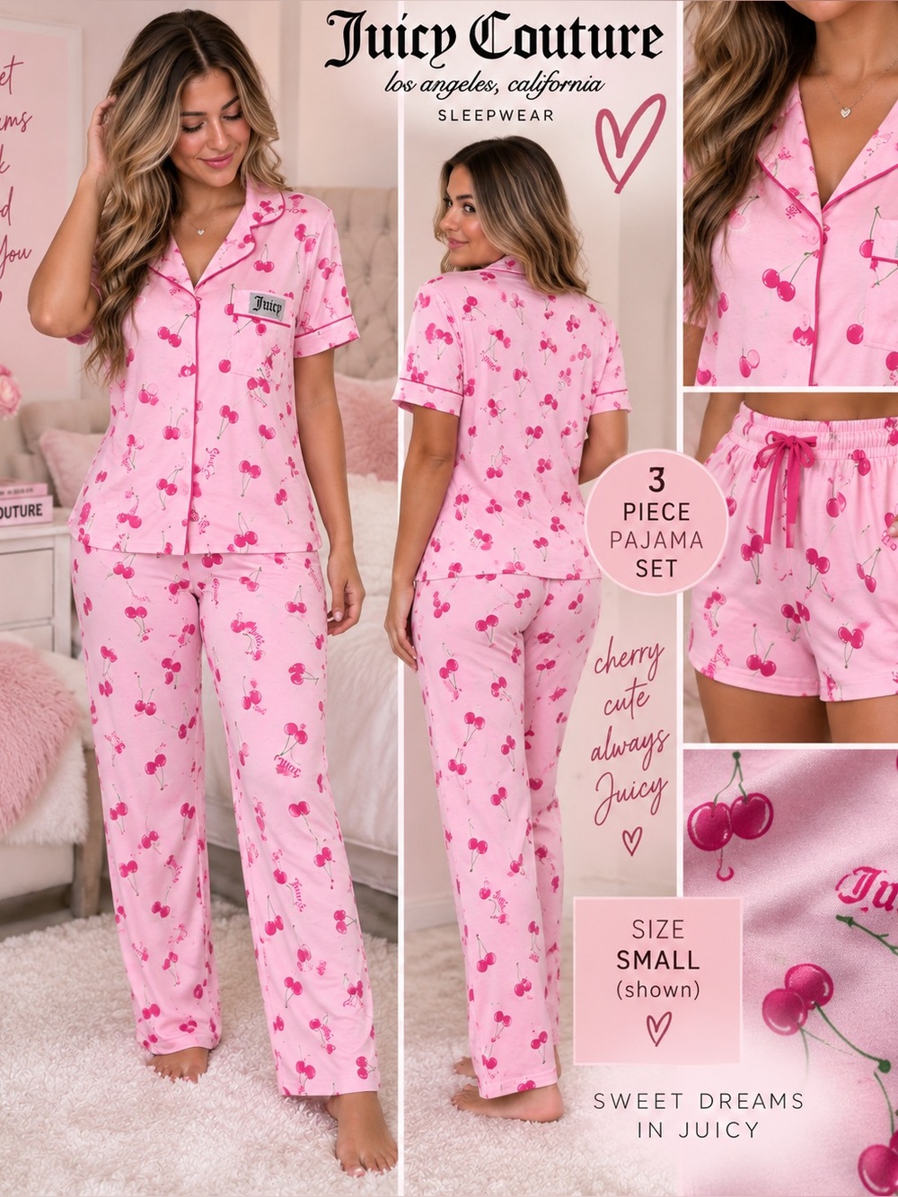 Juicy Couture Women's Pink Cherry 3-Piece Pajama Set size small